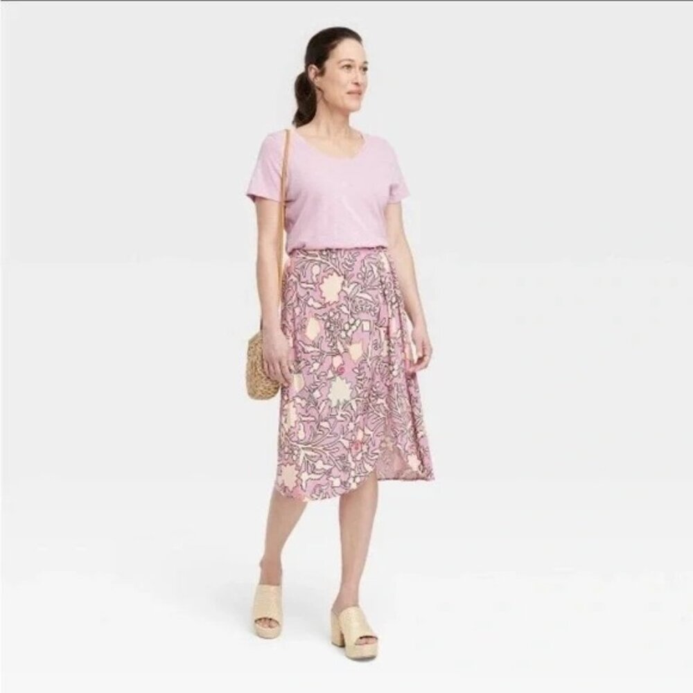 Knox Rose Pink Crepe Floral A-Line Skirt NEW Large Spring Easter